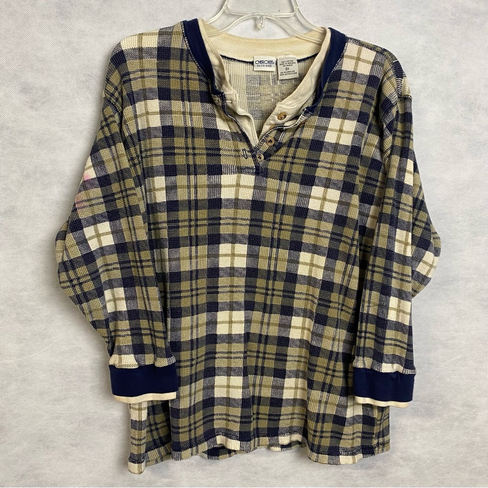 Vintage Cherokee Thermal Shirt Women’s 2X Plaid Henley Long Sleeve 90s Flaw